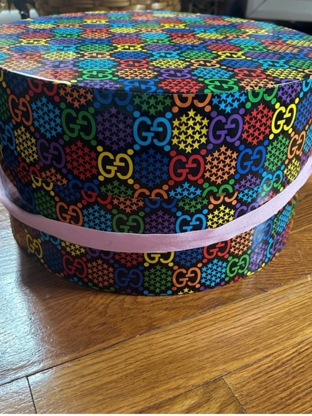 Gucci Multicolor GG Pattern Round Box with Pink Ribbon